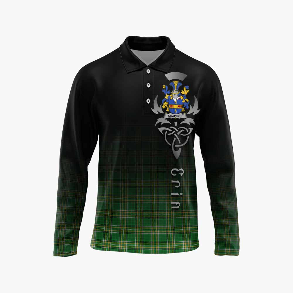 Grainger Irish Clan Long Sleeve Polo Shirt with Coat of Arms Erin Go Bragh Celtic Inspired Unisex - Tartan Vibes Clothing