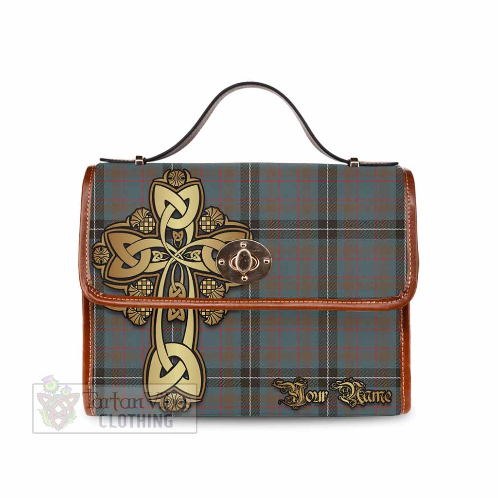 Grainger Tartan Waterproof Canvas Bag Golden Thistle Celtic Cross Style Brown Leather Strap One Size 10.5*20*27cm - Tartan Vibes Clothing