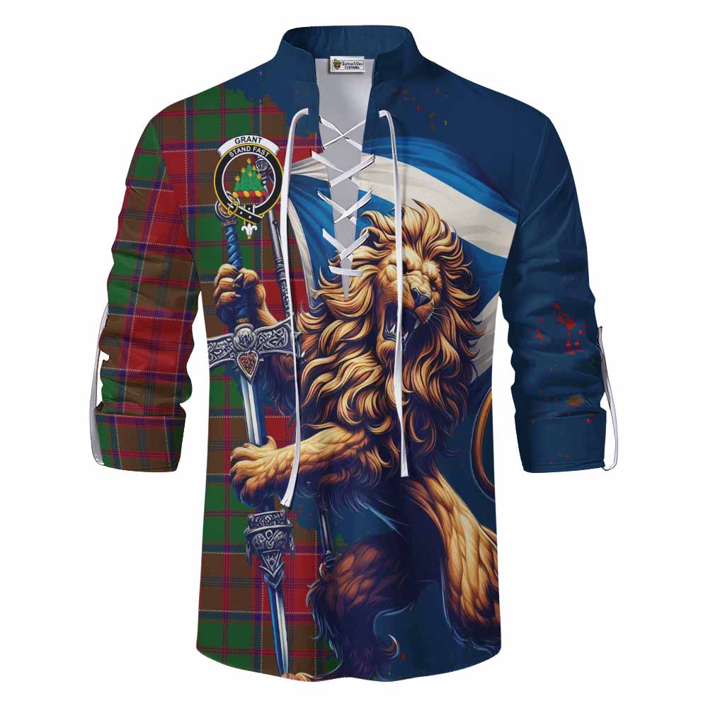 Tartan Vibes Clothing Grant Tartan Family Crest Ghillie Kilt Shirt with Scottish Majestic Lion