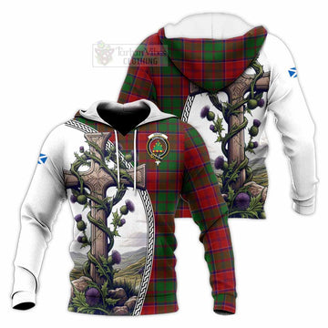 Grant Tartan Knitted Hoodie with Family Crest and St. Andrew's Cross Accented by Thistle Vines