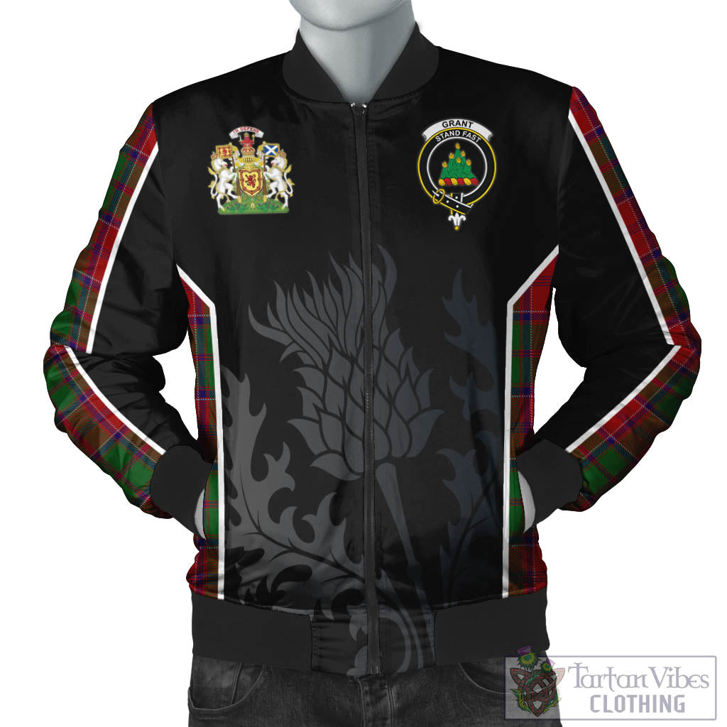 Tartan Vibes Clothing Grant Tartan Bomber Jacket with Family Crest and Scottish Thistle Vibes Sport Style