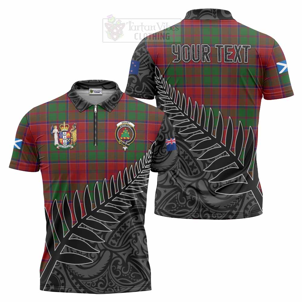 Tartan Vibes Clothing Grant Crest Tartan Zipper Polo Shirt with New Zealand Silver Fern Half Style