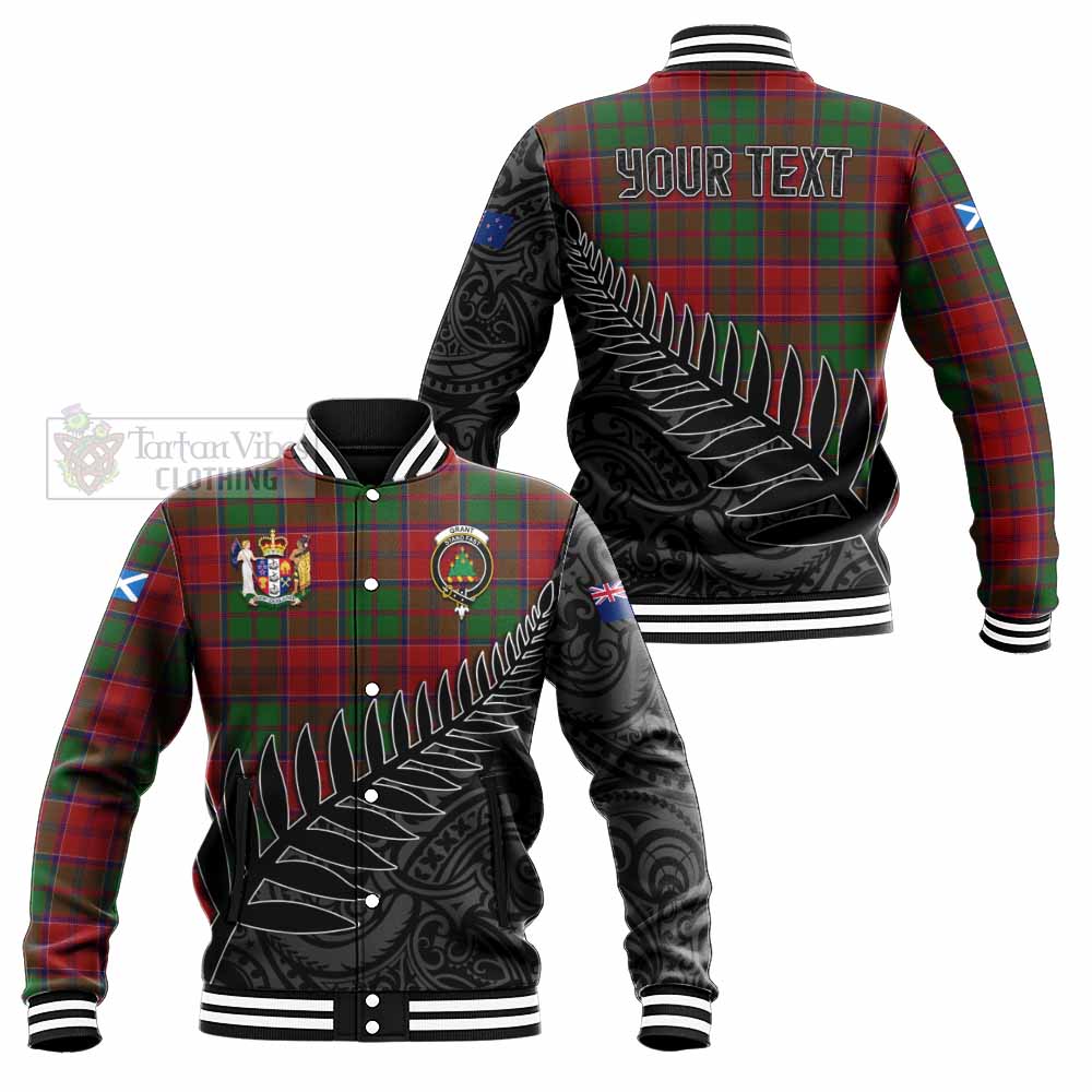 Tartan Vibes Clothing Grant Crest Tartan Baseball Jacket with New Zealand Silver Fern Half Style