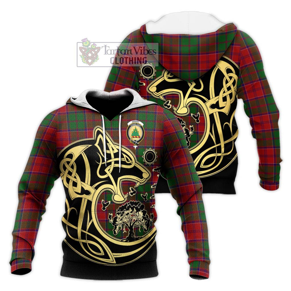 Grant Tartan Knitted Hoodie with Family Crest Celtic Wolf Style Unisex Knitted Pullover Hoodie - Tartan Vibes Clothing