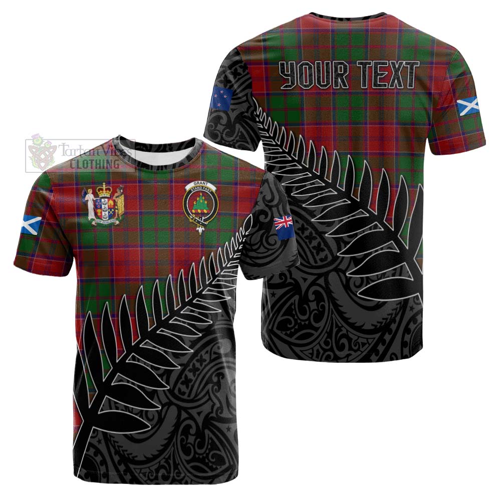 Tartan Vibes Clothing Grant Crest Tartan Cotton T-shirt with New Zealand Silver Fern Half Style