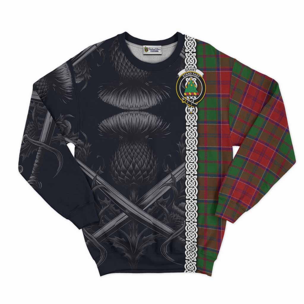 Tartan Vibes Clothing Grant Tartan Sweatshirt with Family Crest Cross Sword Thistle Celtic Vibes