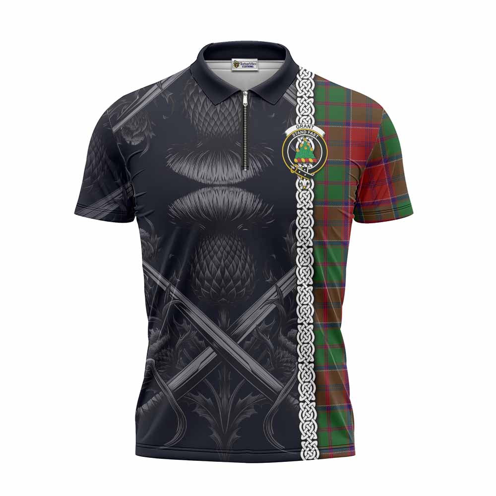 Tartan Vibes Clothing Grant Tartan Zipper Polo Shirt with Family Crest Cross Sword Thistle Celtic Vibes