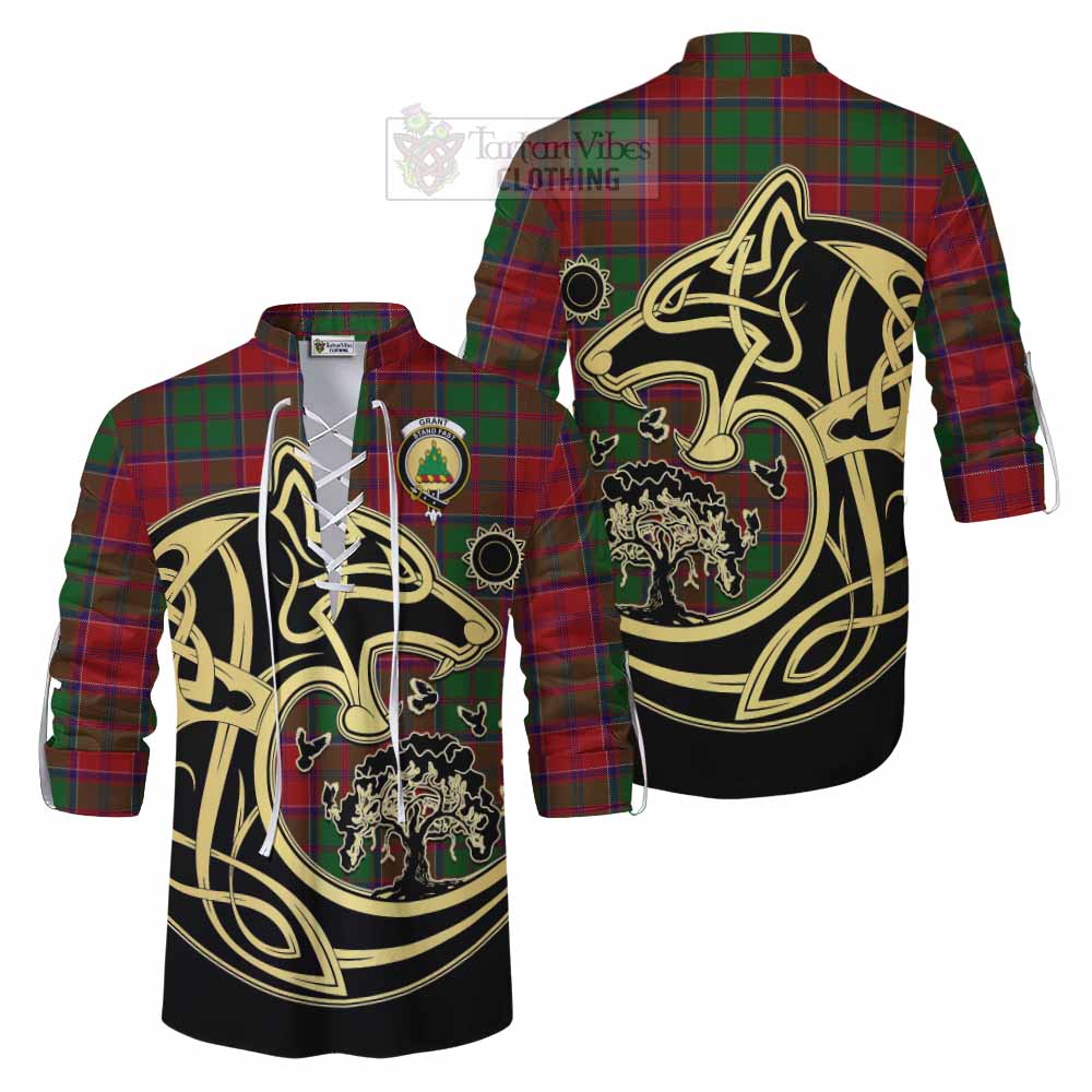 Grant Tartan Ghillie Kilt Shirt with Family Crest Celtic Wolf Style Men - Tartan Vibes Clothing