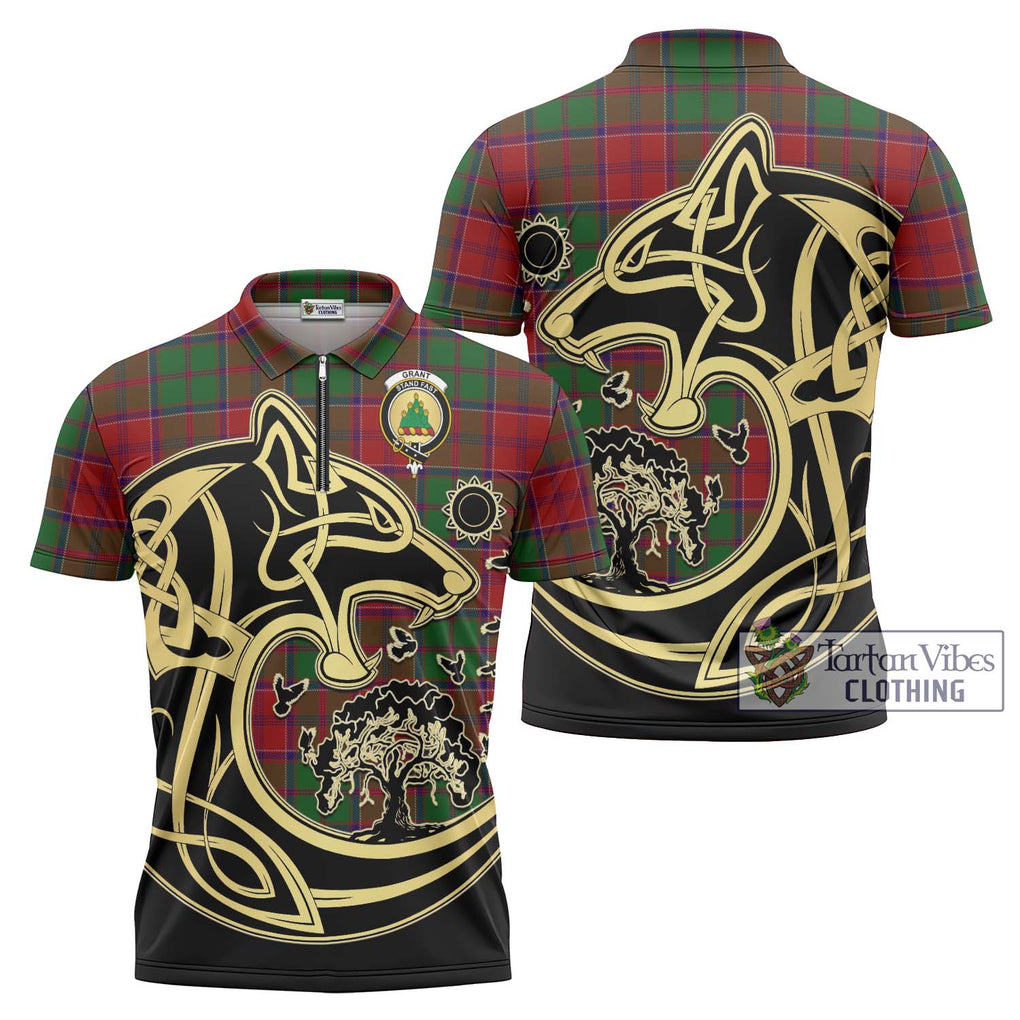 Grant Tartan Zipper Polo Shirt with Family Crest Celtic Wolf Style Unisex - Tartanvibesclothing Shop