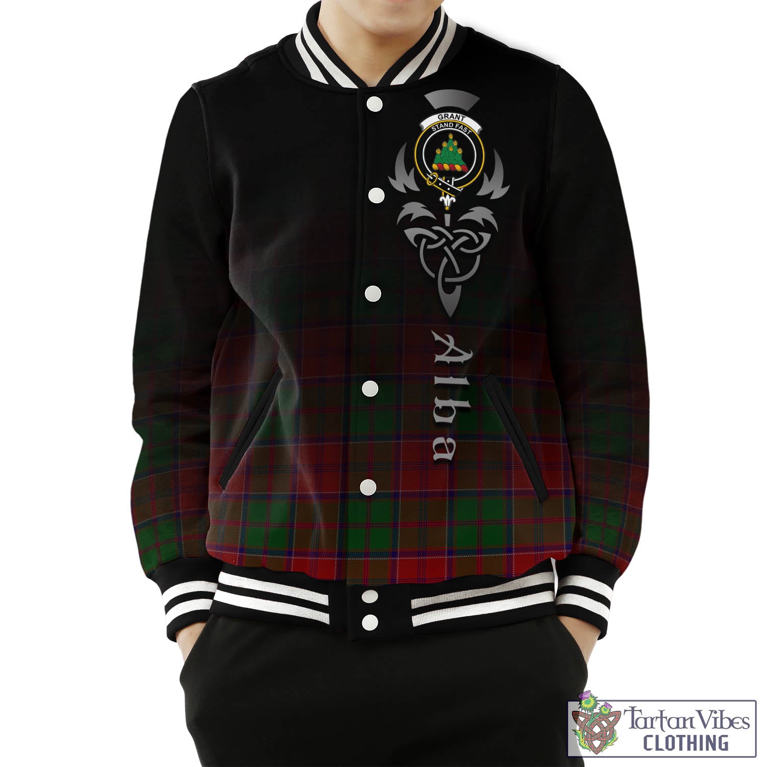 Tartan Vibes Clothing Grant Tartan Baseball Jacket Featuring Alba Gu Brath Family Crest Celtic Inspired