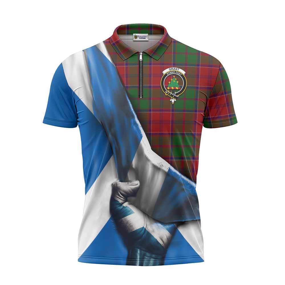 Tartan Vibes Clothing Grant Tartan Zipper Polo Shirt with Family Crest Scotland Patriotic Style