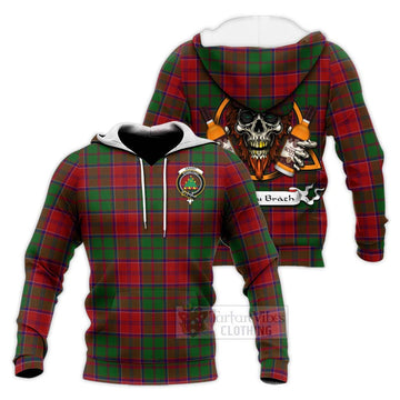 Grant Tartan Knitted Hoodie with Family Crest and Bearded Skull Holding Bottles of Whiskey