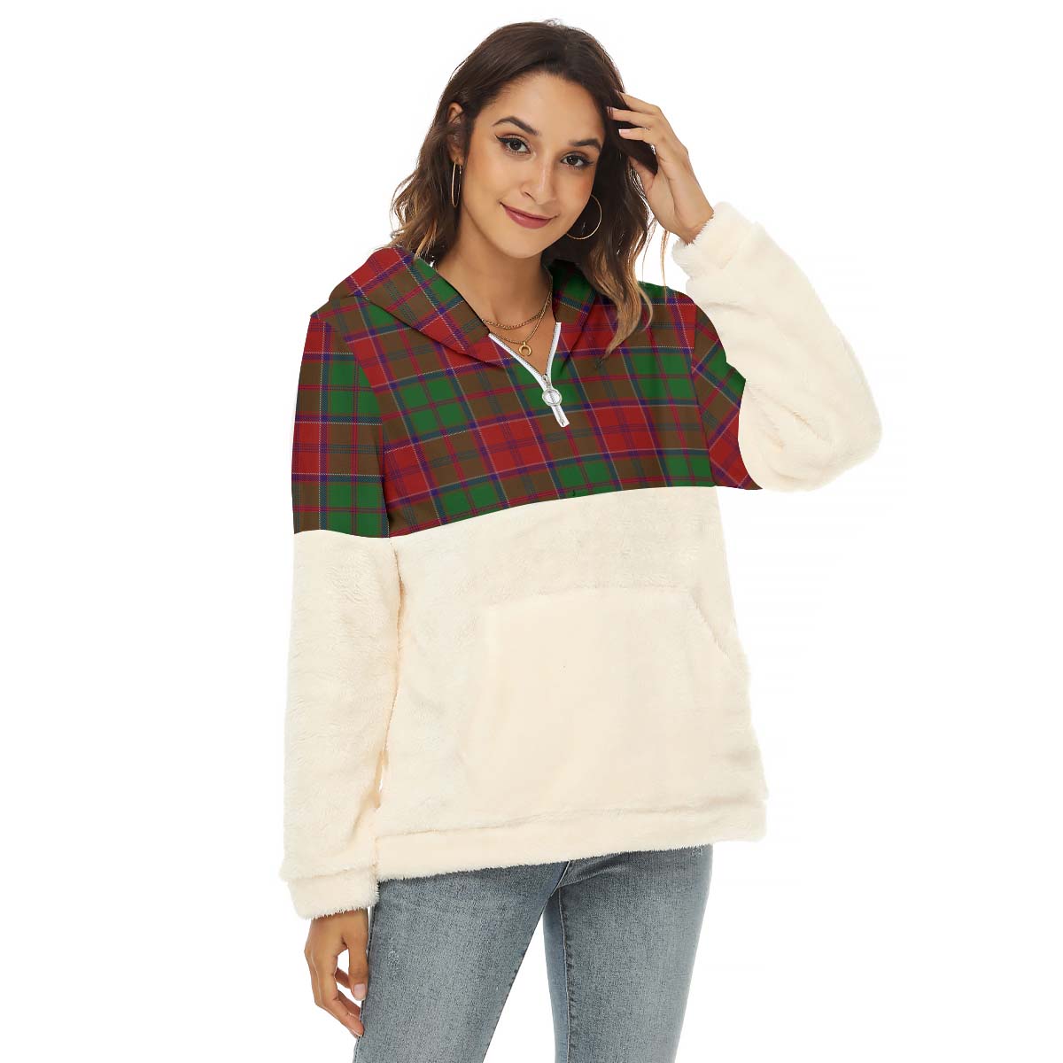 Grant Tartan Half Style Women's Borg Fleece Hoodie with Half Zip Female - Tartan Vibes Clothing
