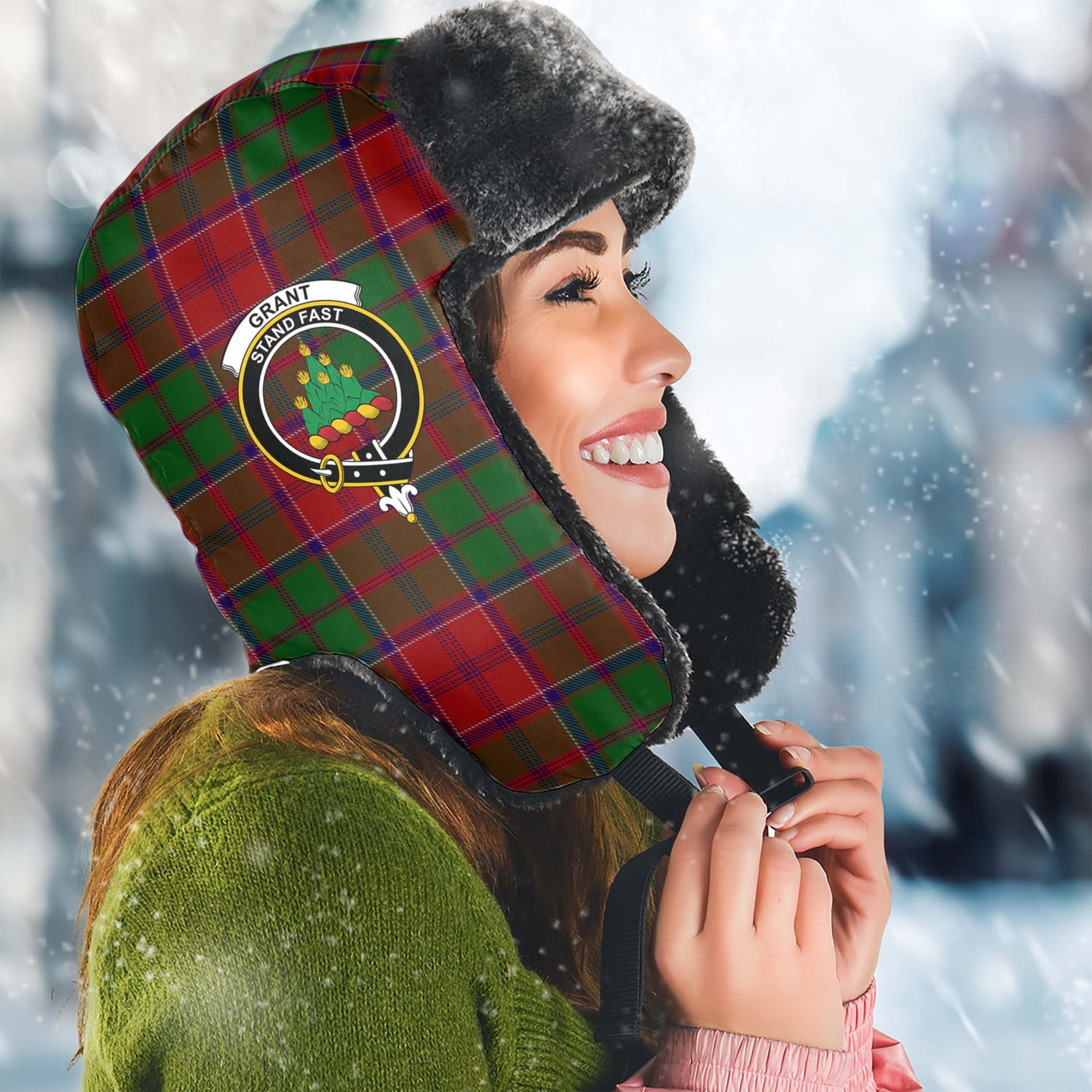 Grant Tartan Winter Trapper Hat with Family Crest Winter Trapper Hat Universal Fit Circumference 22.8in (58cm) - Tartanvibesclothing