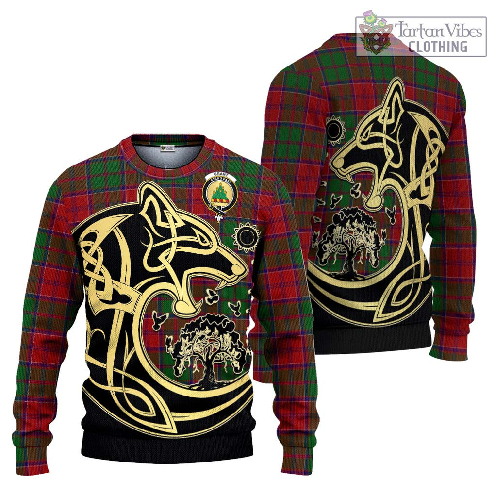 Grant Tartan Knitted Sweater with Family Crest Celtic Wolf Style Unisex - Tartan Vibes Clothing