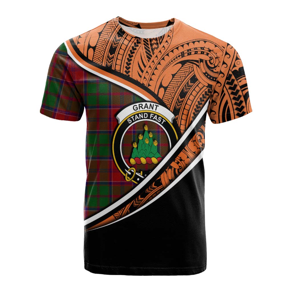 Tartan Vibes Clothing Grant Crest Tartan Cotton T-shirt with Maori Tattoo Style - Orange Version