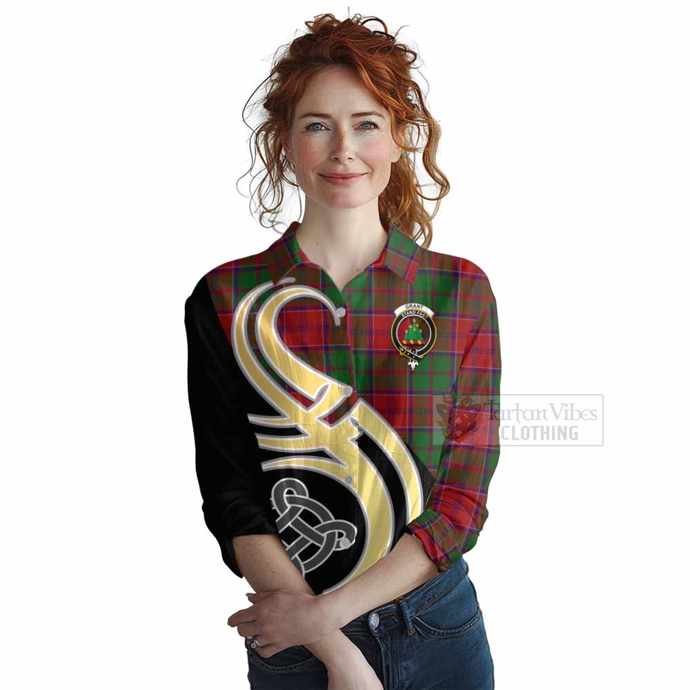 Tartan Vibes Clothing Grant Tartan Women's Casual Shirt with Family Crest and Celtic Symbol Style