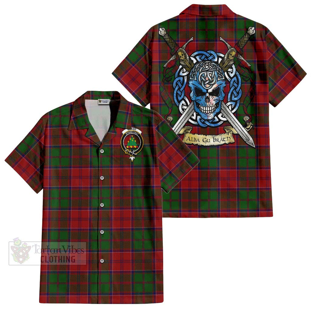 Tartan Vibes Clothing Grant Tartan Short Sleeve Button Shirt with Family Crest Celtic Skull Style