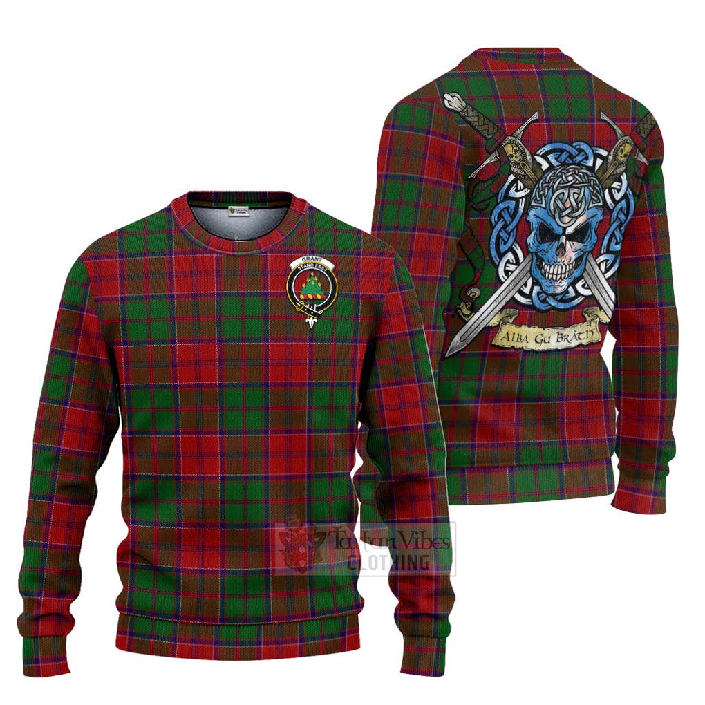 Tartan Vibes Clothing Grant Tartan Knitted Sweater with Family Crest Celtic Skull Style