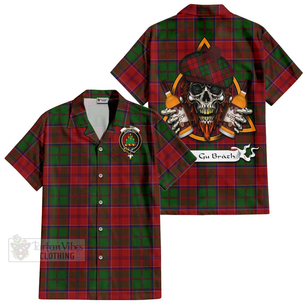 Tartan Vibes Clothing Grant Tartan Short Sleeve Button Shirt with Family Crest and Bearded Skull Holding Bottles of Whiskey