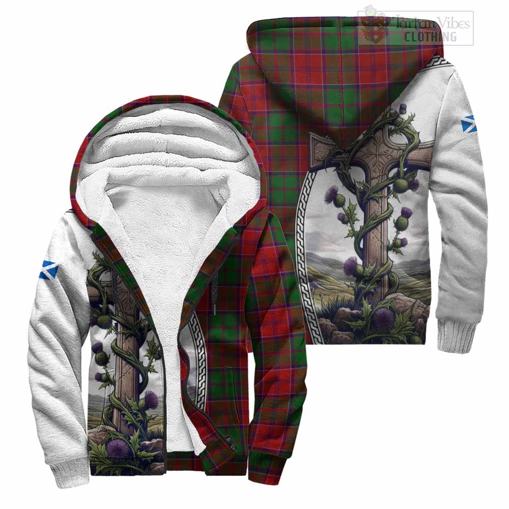 Tartan Vibes Clothing Grant Tartan Sherpa Hoodie with Family Crest and St. Andrew's Cross Accented by Thistle Vines