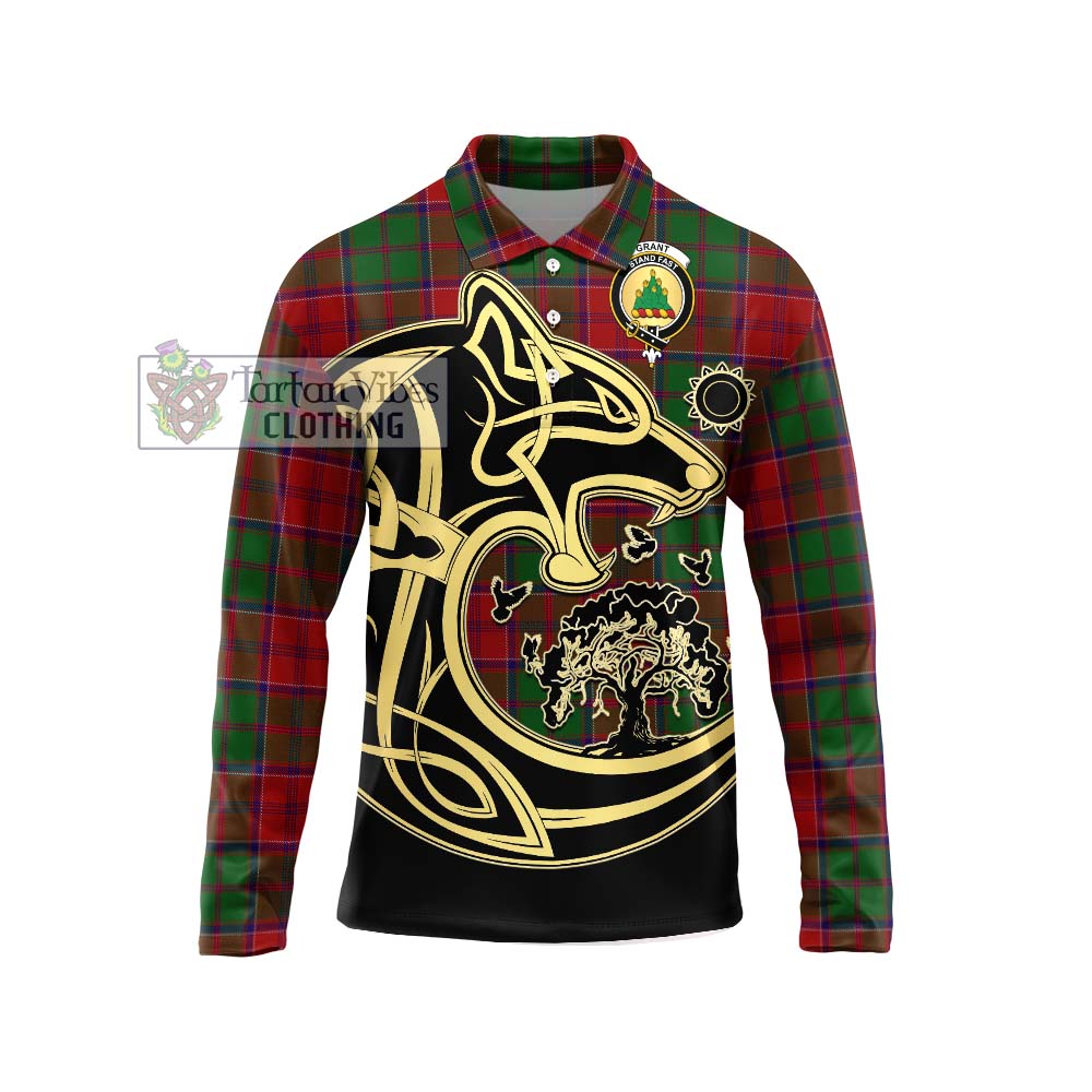 Grant Tartan Long Sleeve Polo Shirt with Family Crest Celtic Wolf Style Unisex - Tartanvibesclothing Shop