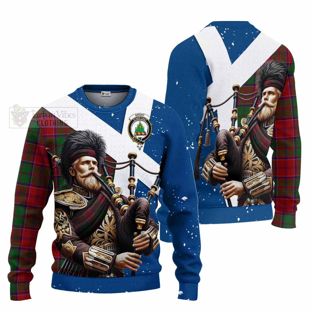 Tartan Vibes Clothing Grant Tartan Knitted Sweater with Family Crest Scottish Bagpiper Vibes