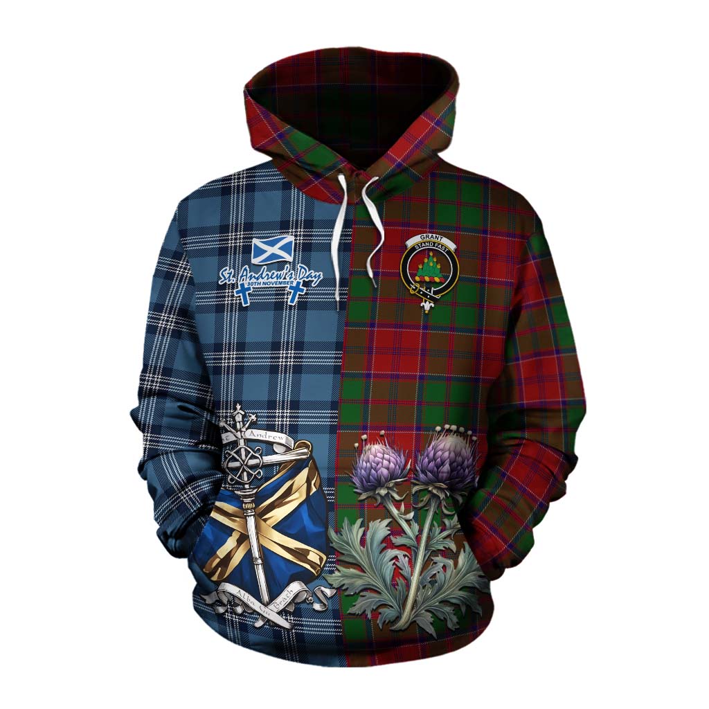 Tartan Vibes Clothing Grant Tartan Cotton Hoodie Happy St. Andrew's Day Half Tartan Style