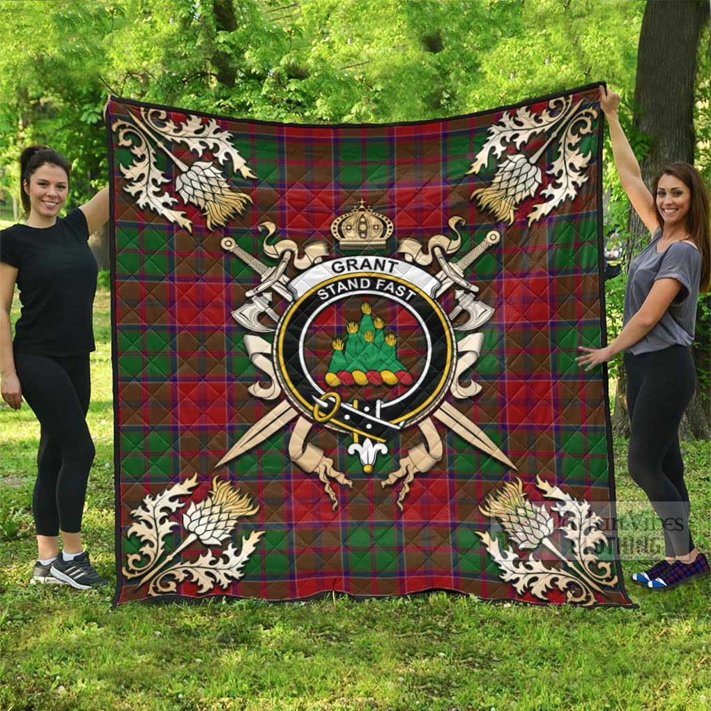 Tartan Vibes Clothing Grant Tartan Quilt with Family Crest and Scottish Golden Courage Shield