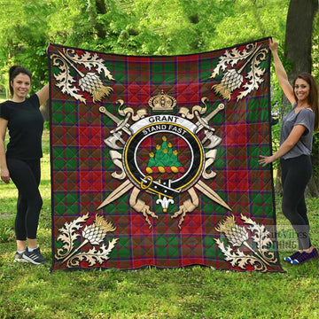 Grant Tartan Quilt with Family Crest and Scottish Golden Courage Shield