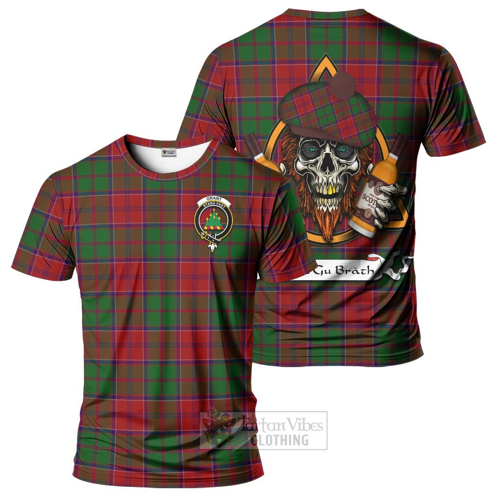 Tartan Vibes Clothing Grant Tartan T-Shirt with Family Crest and Bearded Skull Holding Bottles of Whiskey