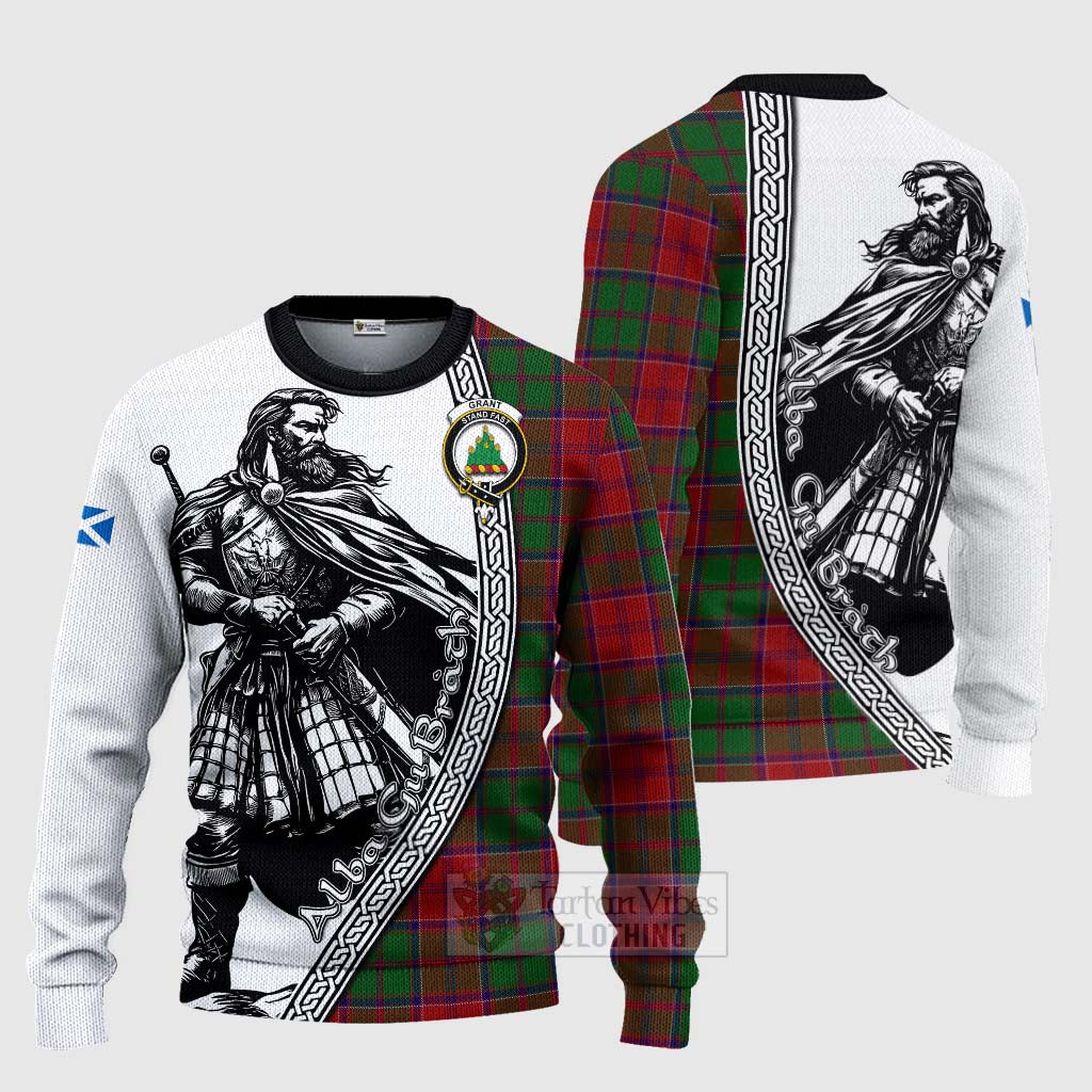 Grant Tartan Clan Crest Knitted Sweater with Highlander Warrior Celtic Style Unisex - Tartan Vibes Clothing