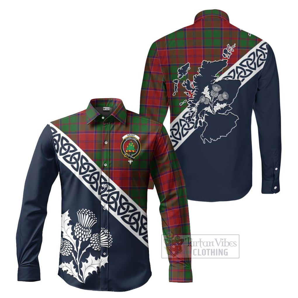 Tartan Vibes Clothing Grant Tartan Long Sleeve Button Shirt Featuring Thistle and Scotland Map