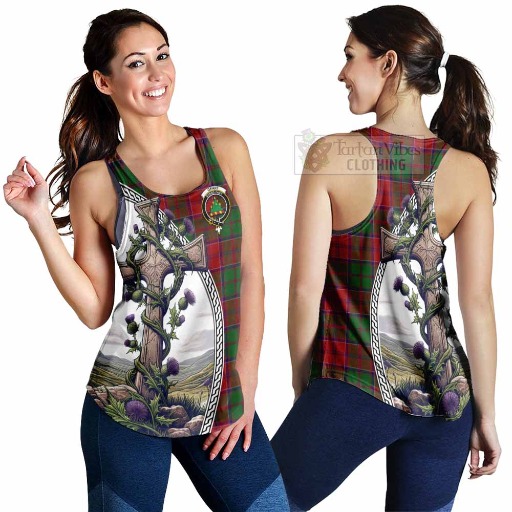 Tartan Vibes Clothing Grant Tartan Women's Racerback Tanks with Family Crest and St. Andrew's Cross Accented by Thistle Vines