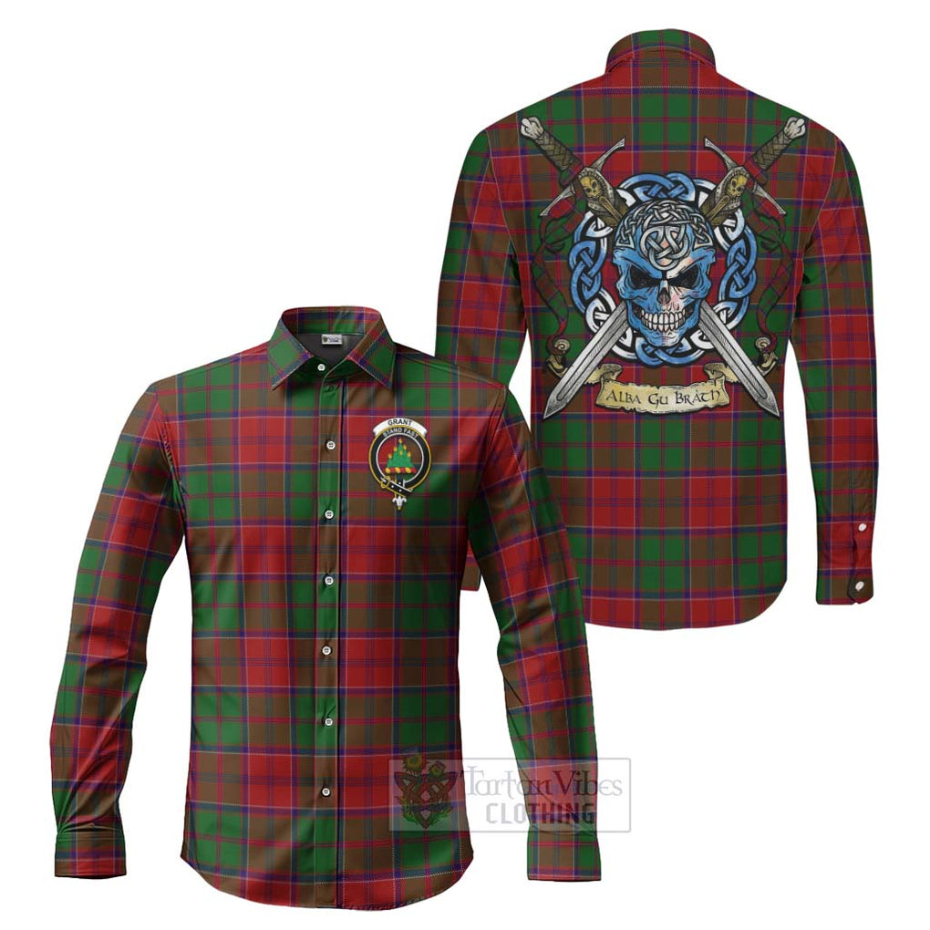 Tartan Vibes Clothing Grant Tartan Long Sleeve Button Shirt with Family Crest Celtic Skull Style