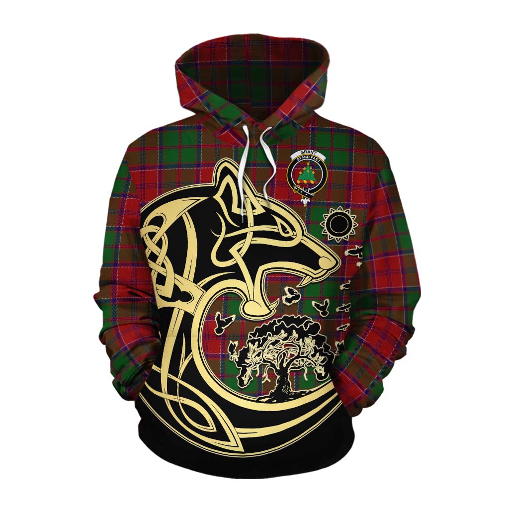 Tartan Vibes Clothing Grant Tartan Cotton Hoodie with Family Crest Celtic Wolf Style