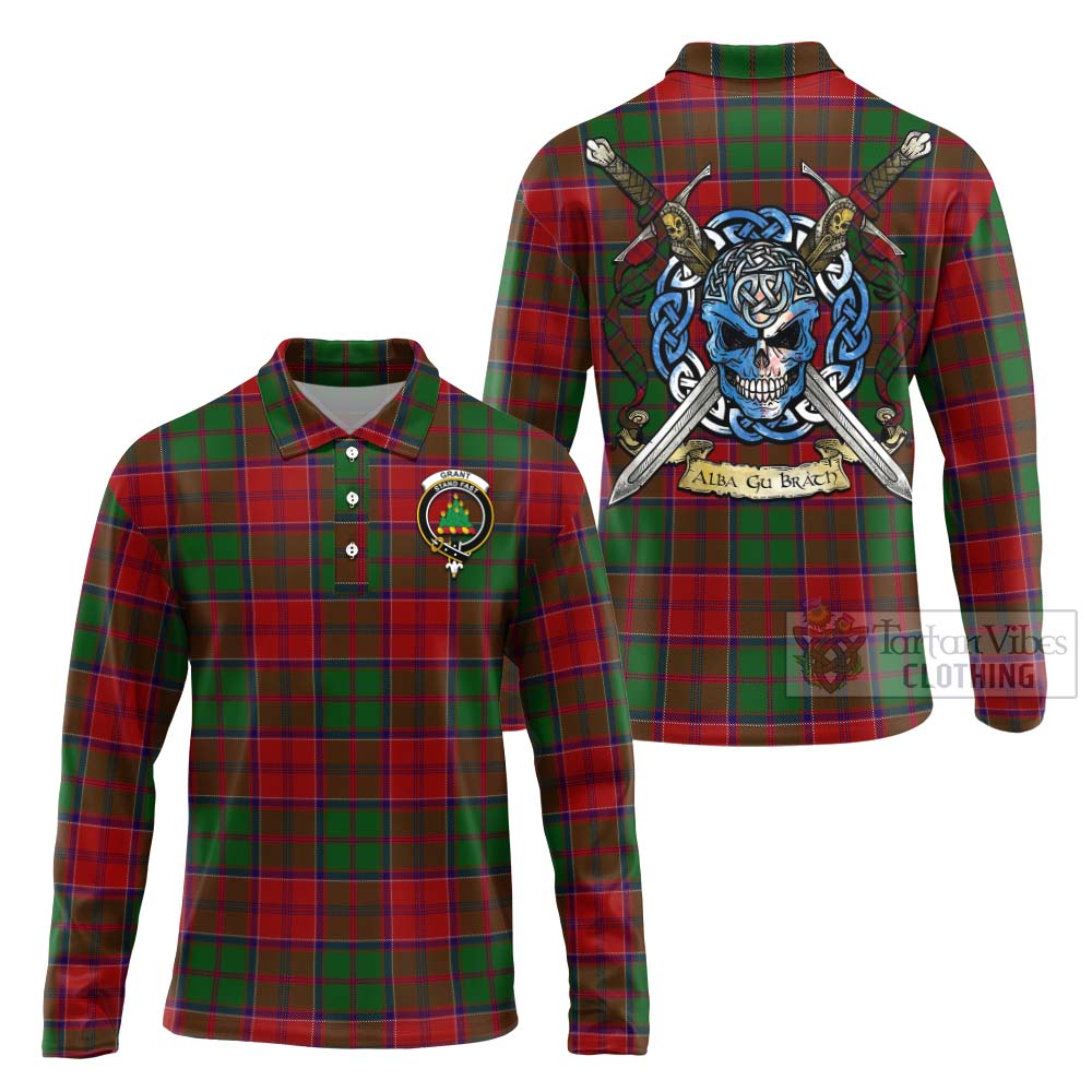 Tartan Vibes Clothing Grant Tartan Long Sleeve Polo Shirt with Family Crest Celtic Skull Style