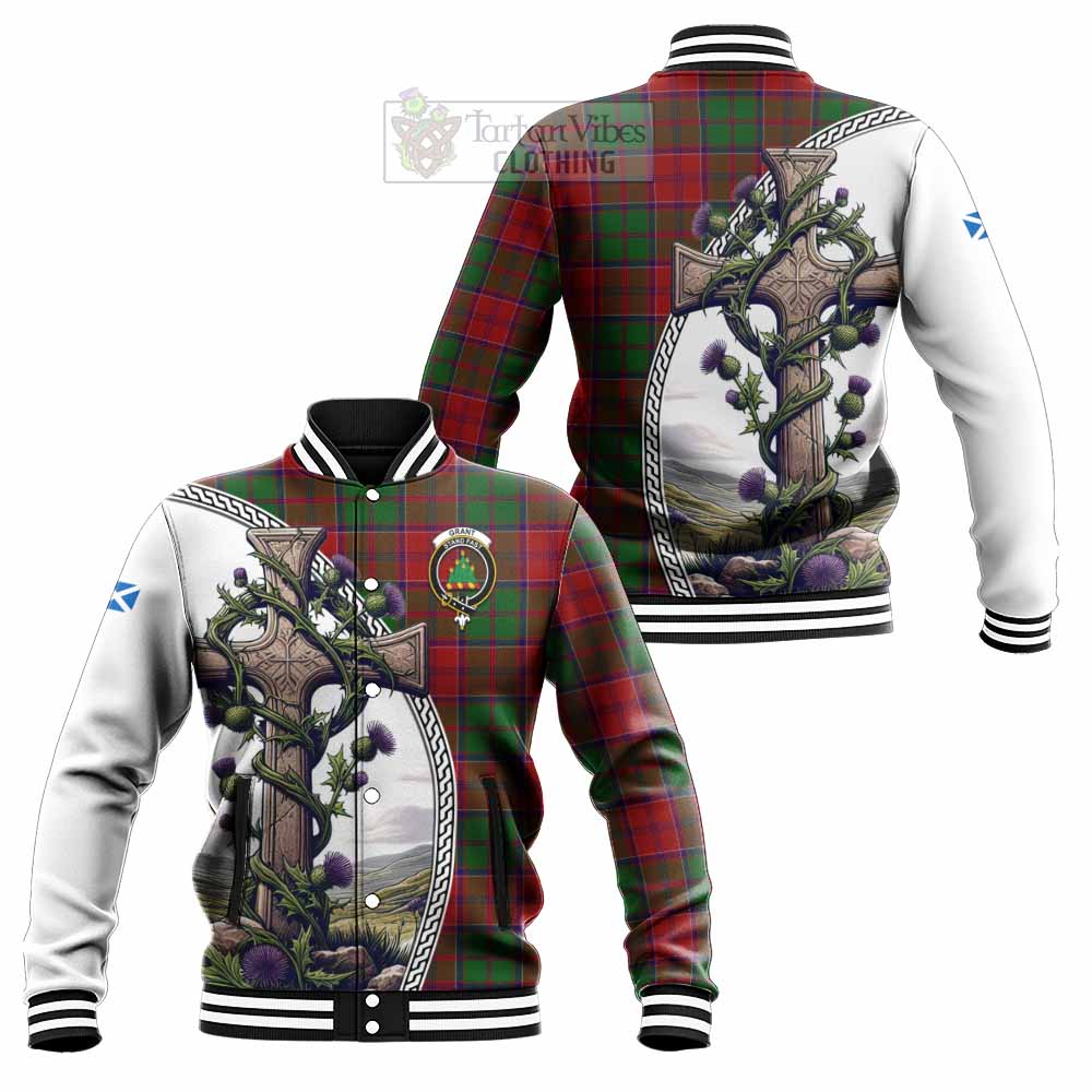 Tartan Vibes Clothing Grant Tartan Baseball Jacket with Family Crest and St. Andrew's Cross Accented by Thistle Vines