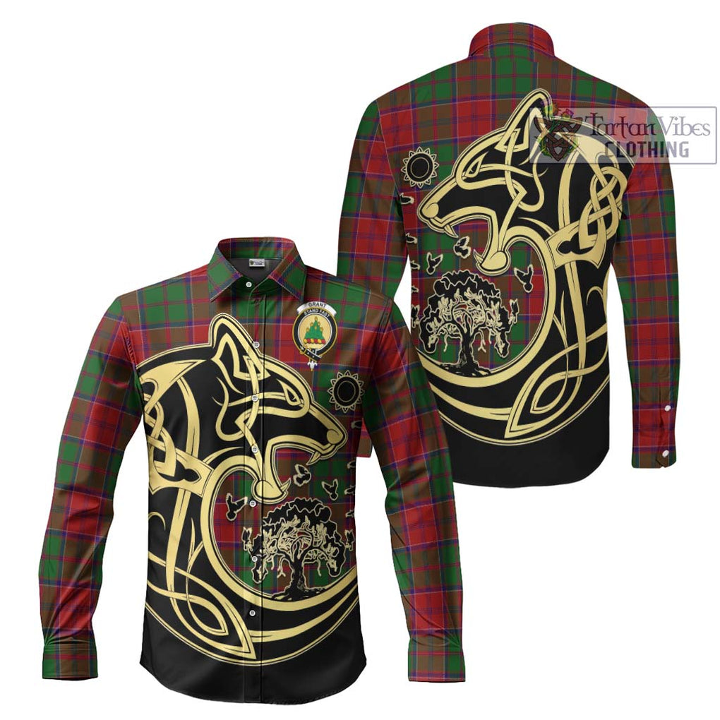 Grant Tartan Long Sleeve Button Shirt with Family Crest Celtic Wolf Style Men's Shirt S - Tartan Vibes Clothing