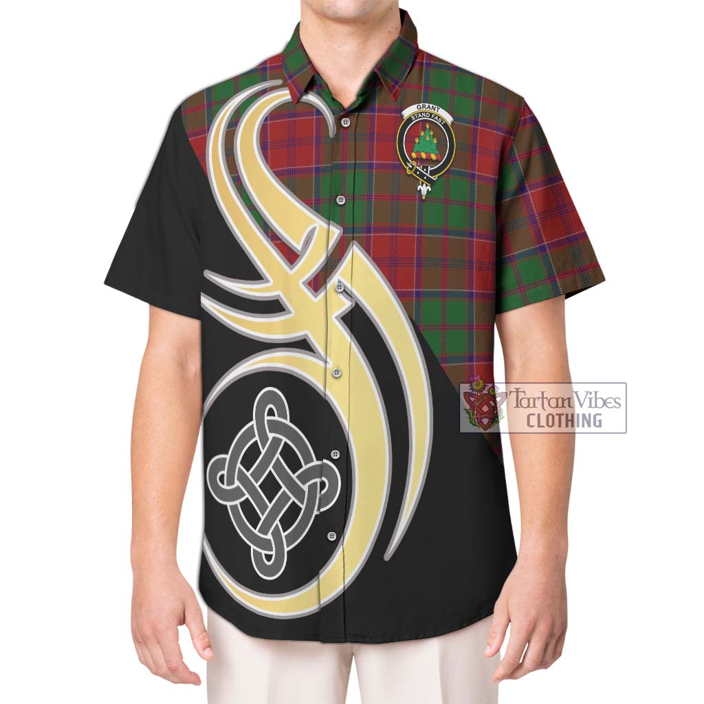 Grant Tartan Short Sleeve Button Shirt with Family Crest and Celtic Symbol Style Kid - Tartan Vibes Clothing