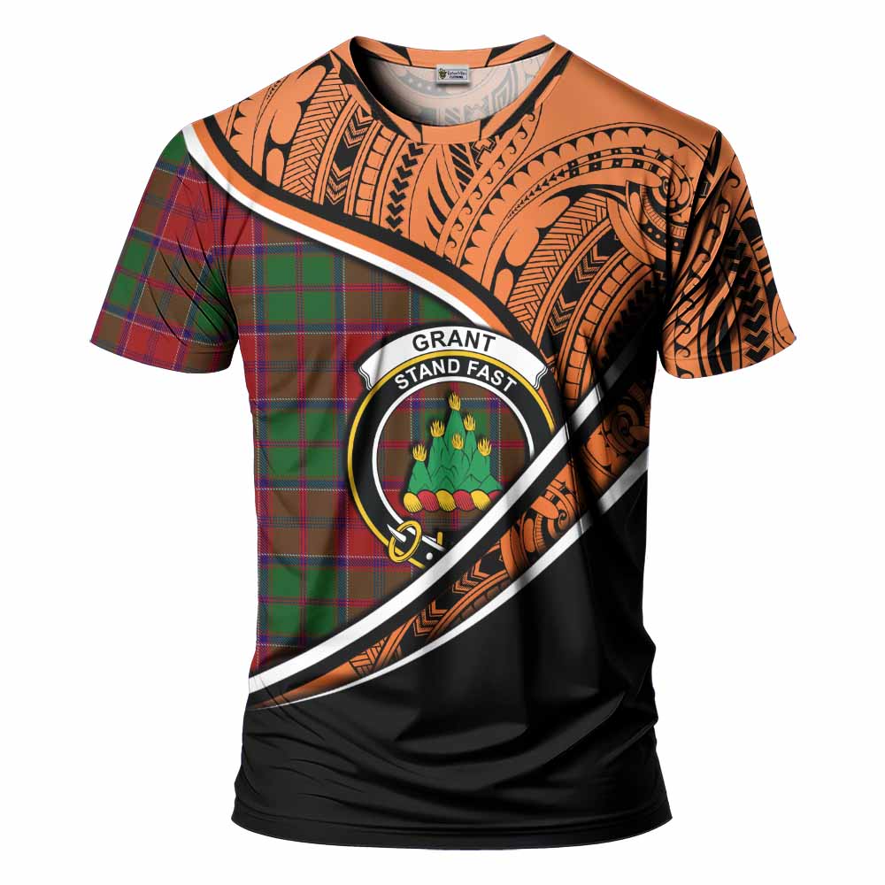 Tartan Vibes Clothing Grant Crest Tartan T-Shirt with Maori Tattoo Style - Orange Version