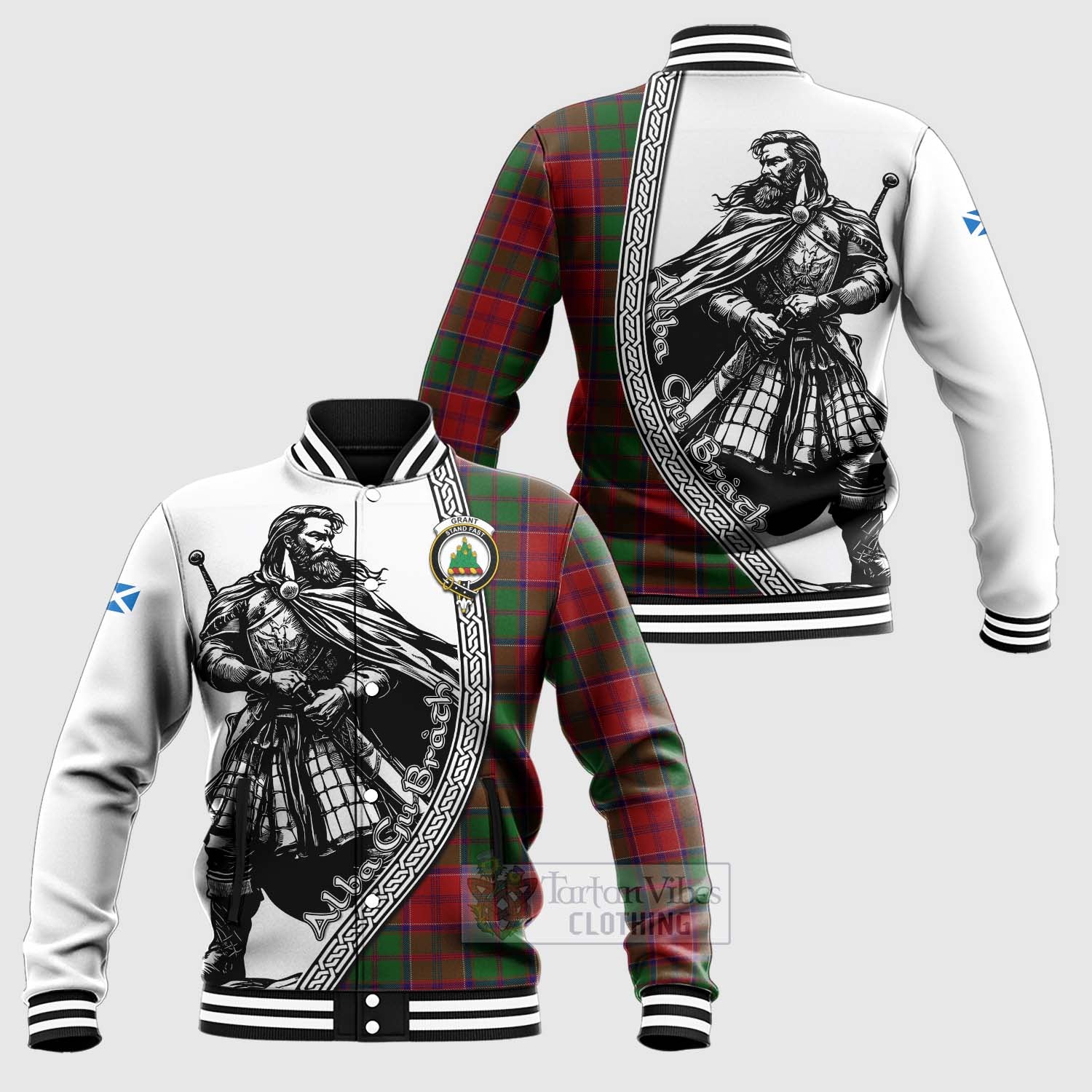 Tartan Vibes Clothing Grant Tartan Clan Crest Baseball Jacket with Highlander Warrior Celtic Style