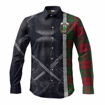 Grant Tartan Long Sleeve Button Shirt with Family Crest Cross Sword Thistle Celtic Vibes