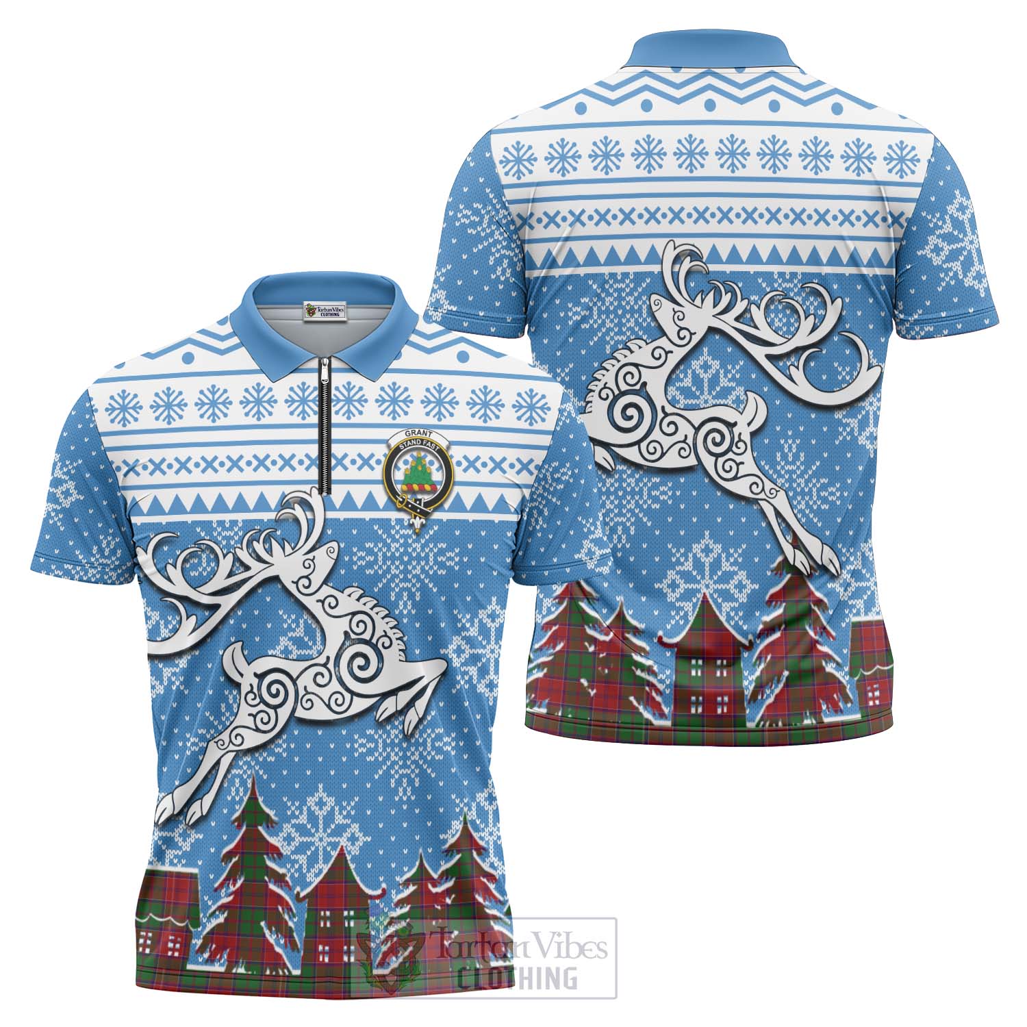 Tartan Vibes Clothing Grant Clan Christmas Zipper Polo Shirt Celtic Reindeer Style