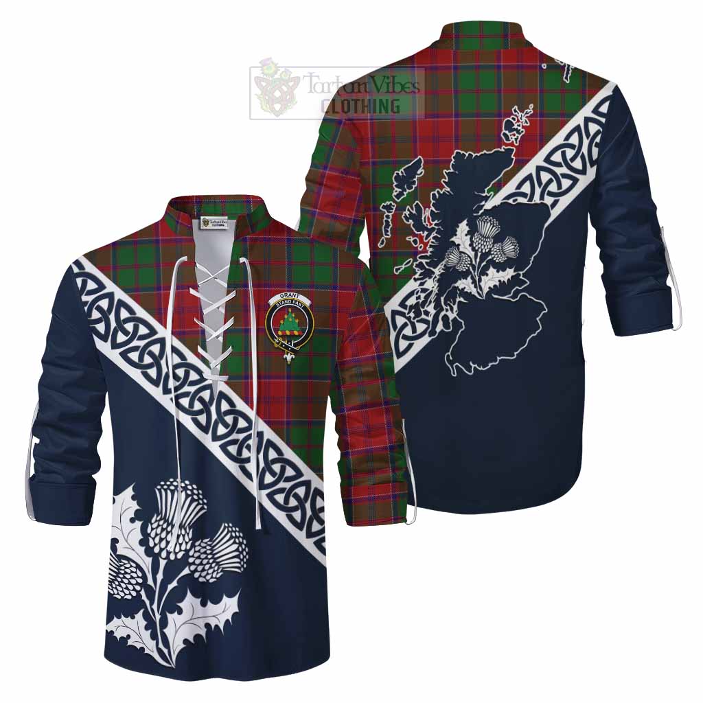 Grant Tartan Ghillie Kilt Shirt Featuring Thistle and Scotland Map Men - Tartan Vibes Clothing