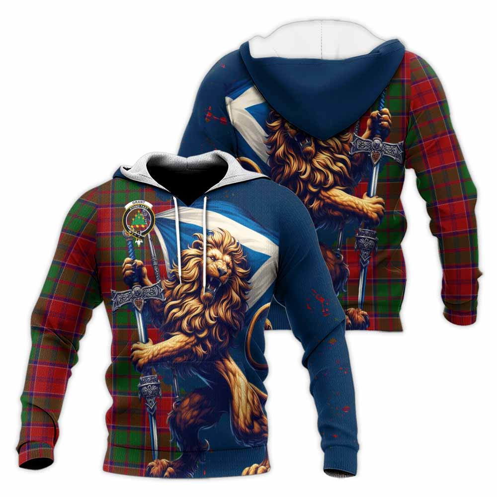 Tartan Vibes Clothing Grant Tartan Family Crest Knitted Hoodie with Scottish Majestic Lion