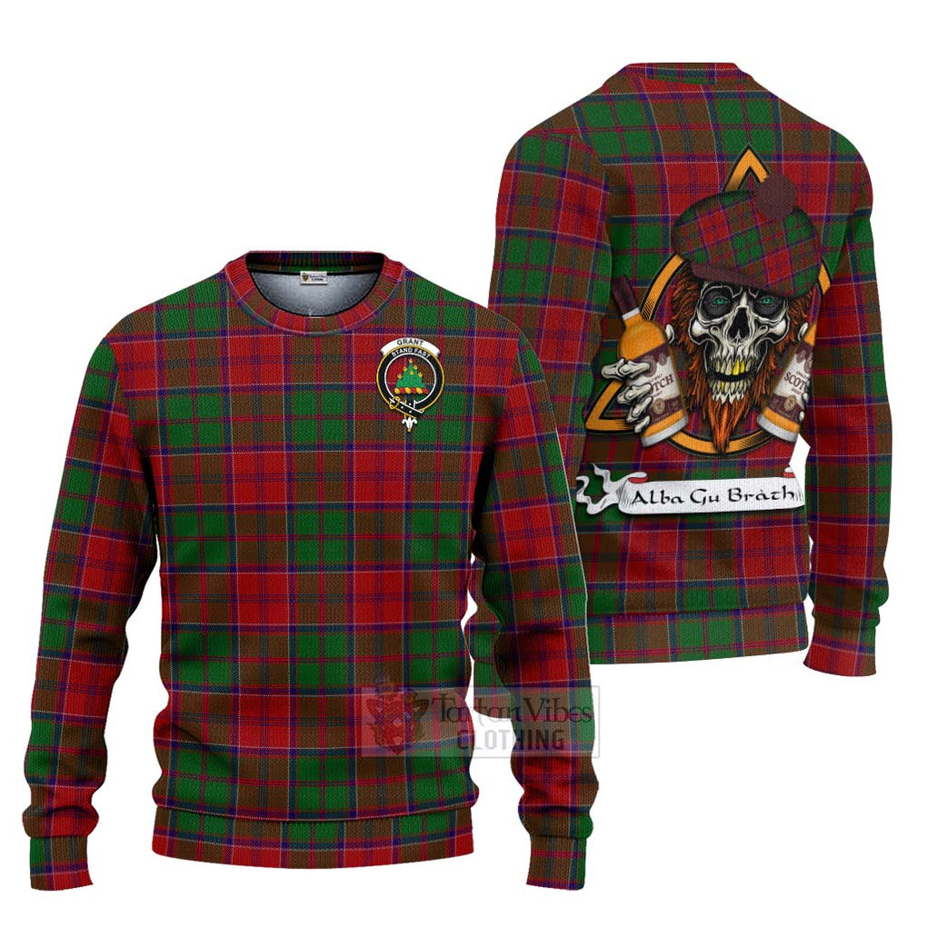 Tartan Vibes Clothing Grant Tartan Knitted Sweater with Family Crest and Bearded Skull Holding Bottles of Whiskey