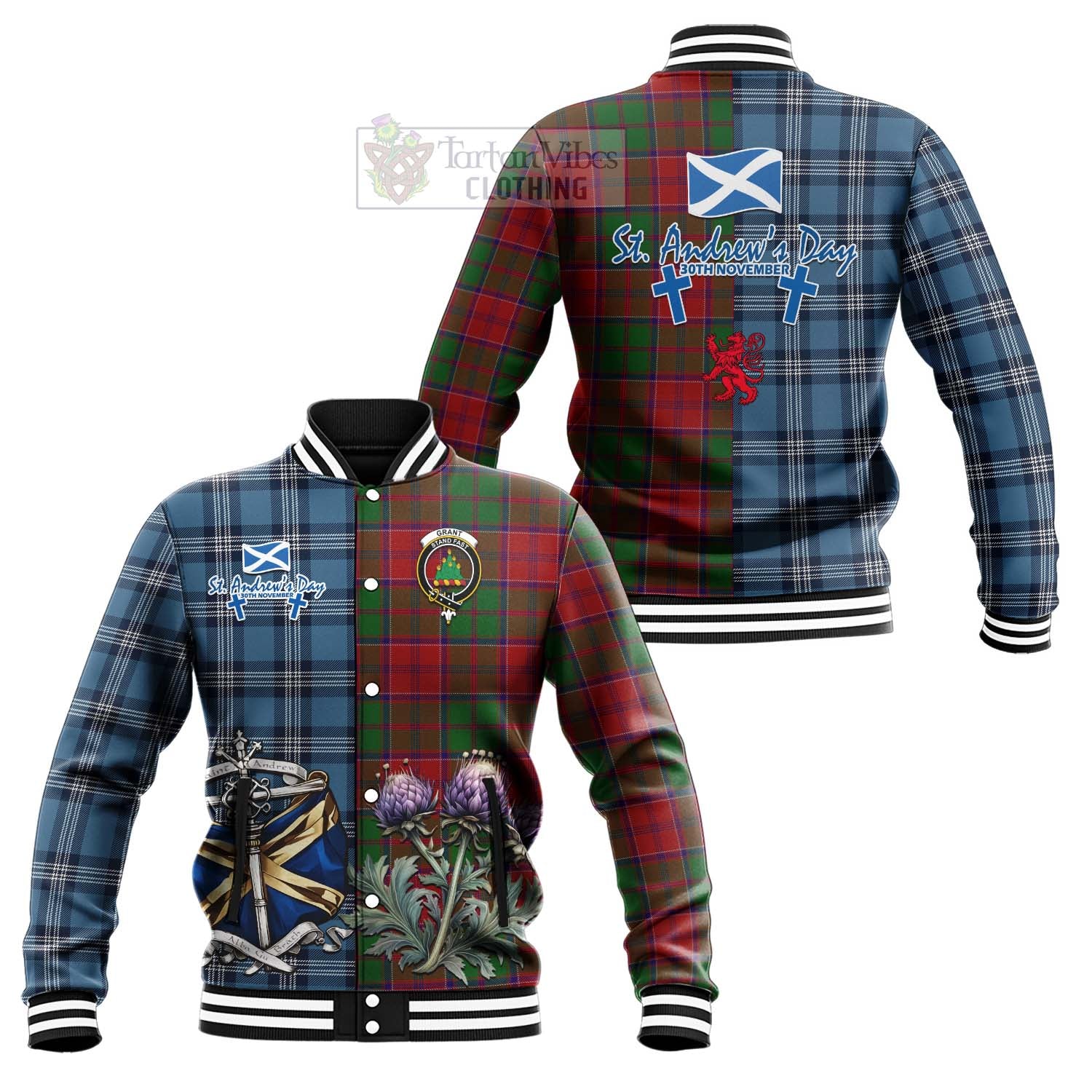 Tartan Vibes Clothing Grant Tartan Baseball Jacket Happy St. Andrew's Day Half Tartan Style