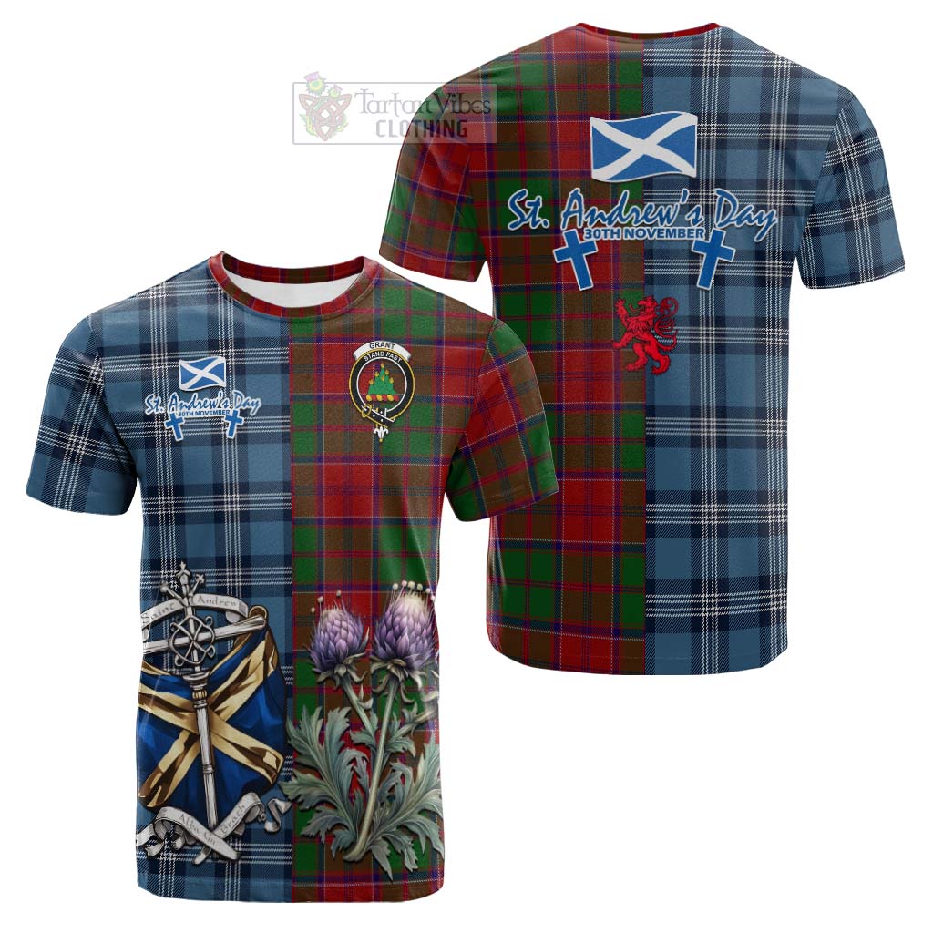 Tartan Vibes Clothing Grant Tartan Cotton T-shirt Happy St. Andrew's Day Half Tartan Style