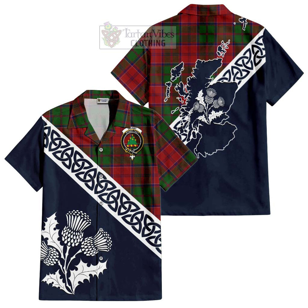 Tartan Vibes Clothing Grant Tartan Short Sleeve Button Shirt Featuring Thistle and Scotland Map